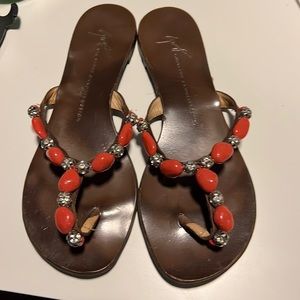 Authentic Giuseppe Zanotti Coral & Rhinestone Stones Thong Sandals SZ 36.5